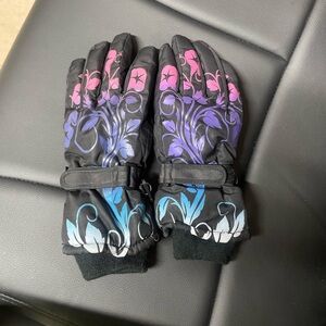 Girls Kids Thinsulate Waterproof Winter Flower Print Snow Ski Black Gloves, XL
